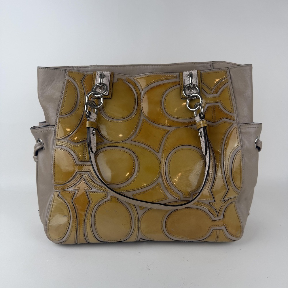 Coach Tote Bag Womens Yellow Patent Leather CC Enamel Taupe‎ Shoulder 16449 - Picture 2 of 10